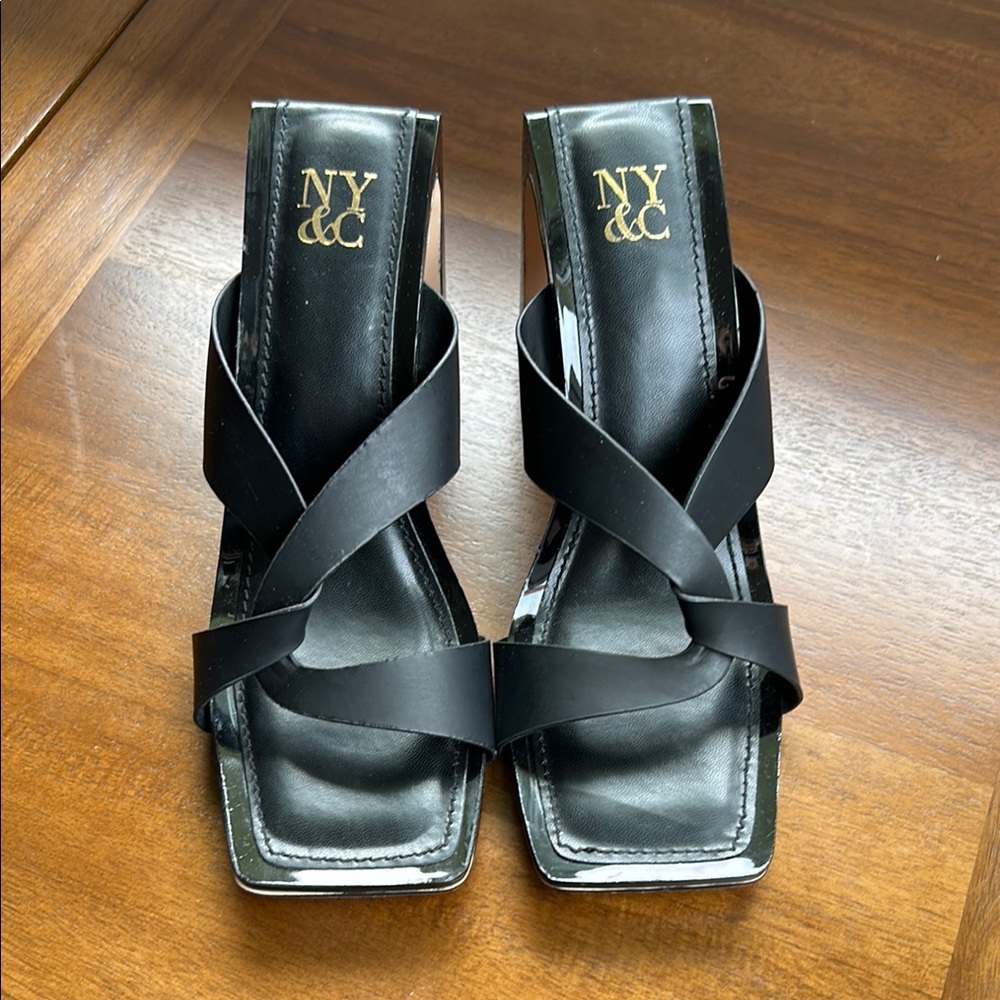 New York & Company Black Strappy Block Heels 7.5 Square Toe Y2K NWOT